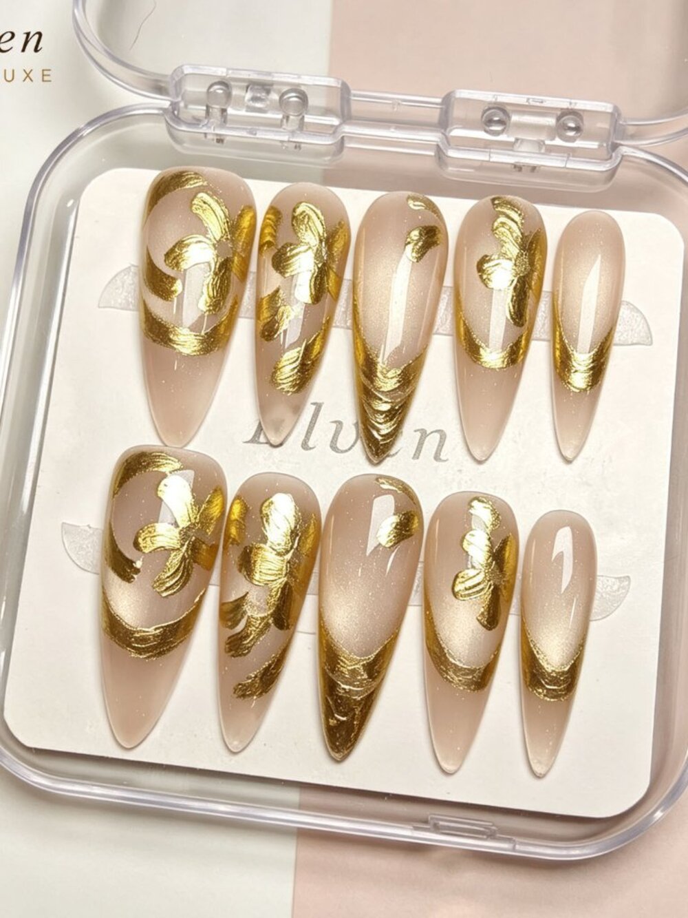 Gold Floral And Nude Cat Eye Handmade Stiletto Press-On Nails